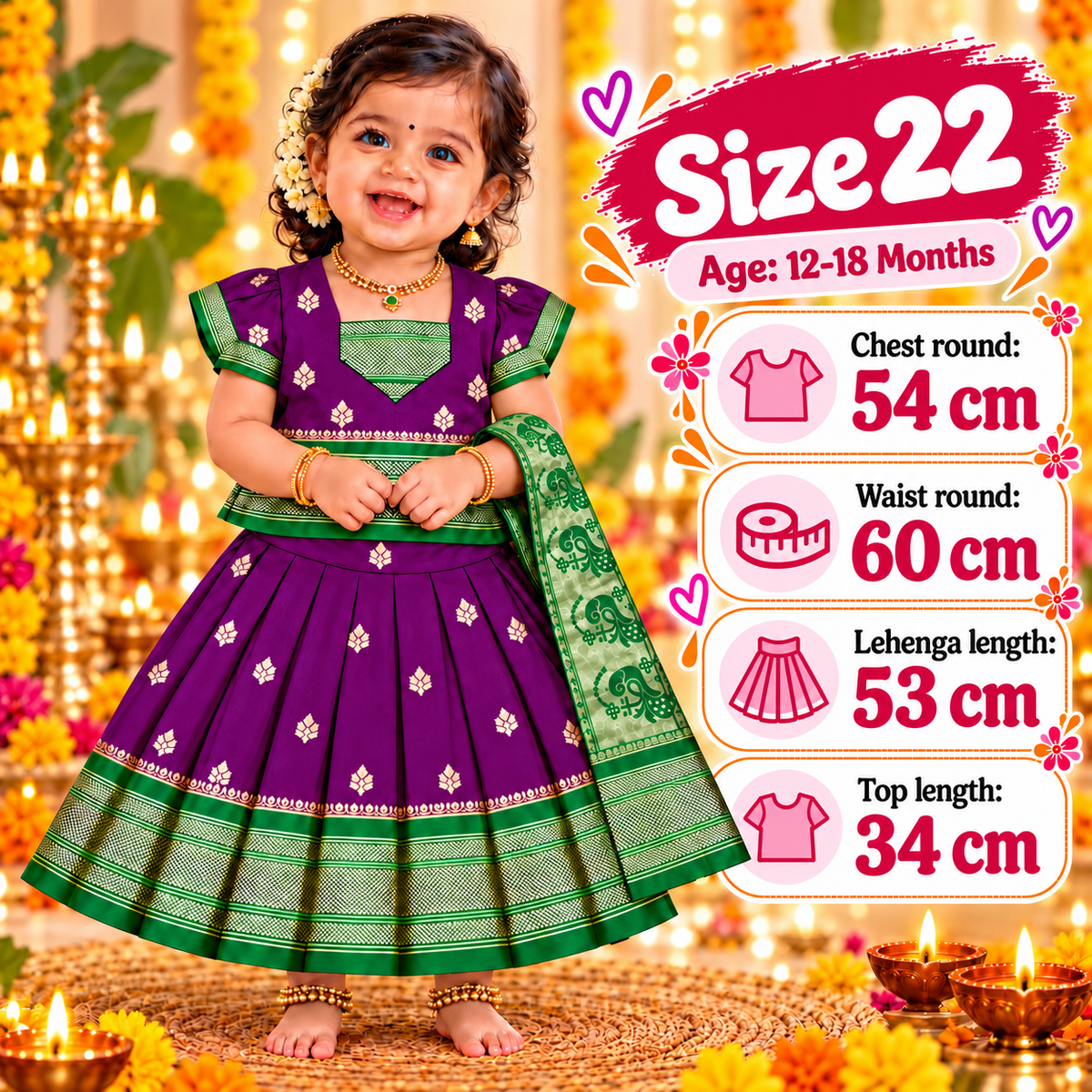 Girls Royal Purple Pattu Pavadai Lehenga Set with Green Dupatta | Premium Baby Girls Festive & Wedding Wear
