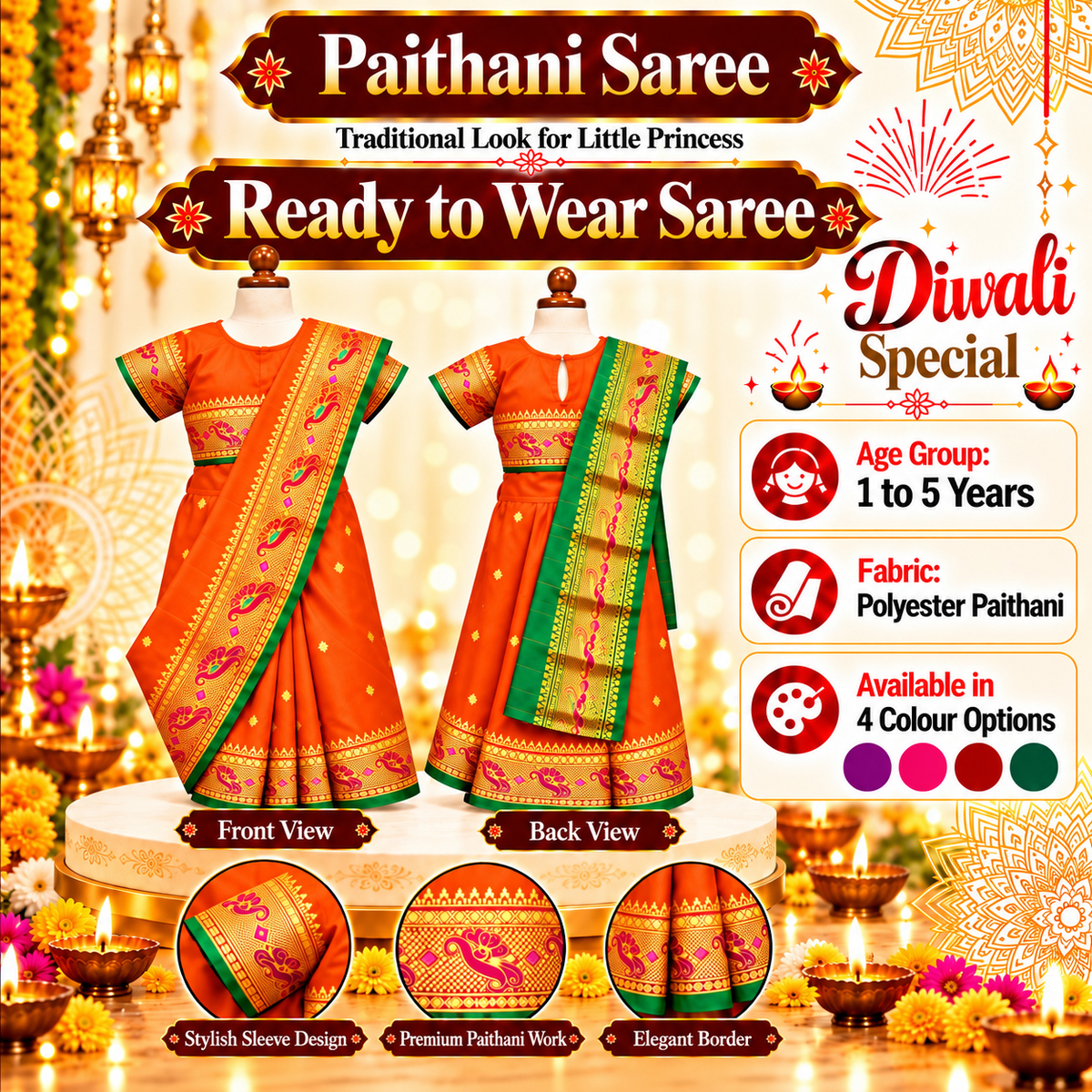 Girls Vibrant Orange Paithani Saree Dress with Designer Pallu | Kids Festive Wedding & Traditional Wear