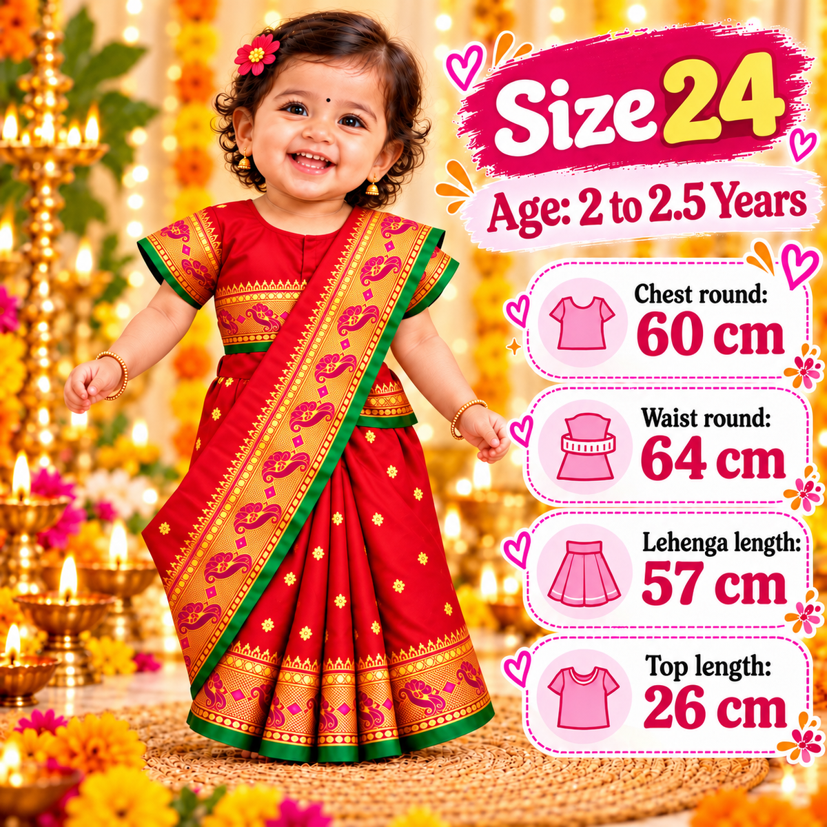 Girls Classic Red Paithani Saree Dress with Golden Zari-Style Work | Kids Traditional Festive & Party Wear