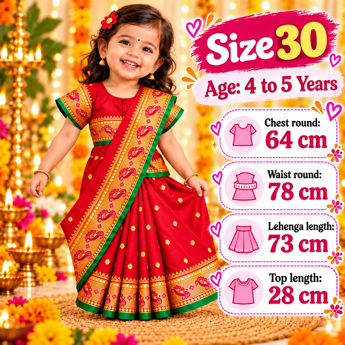 Girls Classic Red Paithani Saree Dress with Golden Zari-Style Work | Kids Traditional Festive & Party Wear
