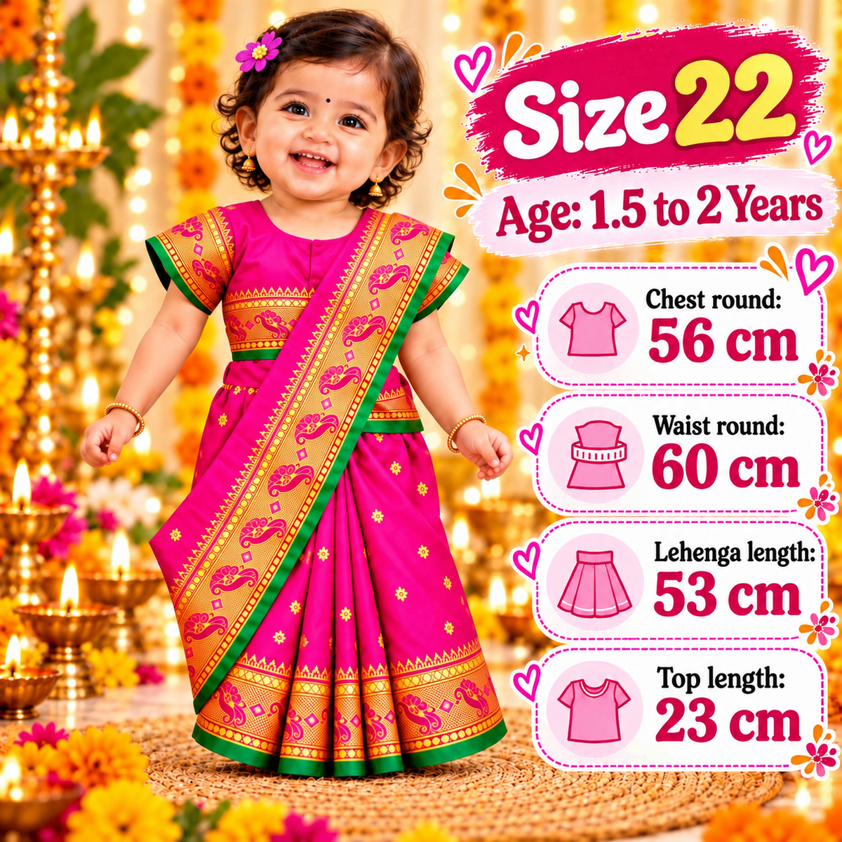 Girls Rani Pink Designer Paithani Saree Dress with Golden Border | Kids Traditional Indian Ethnic & Festive Wear