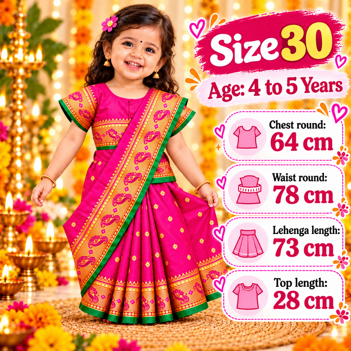 Girls Rani Pink Designer Paithani Saree Dress with Golden Border | Kids Traditional Indian Ethnic & Festive Wear