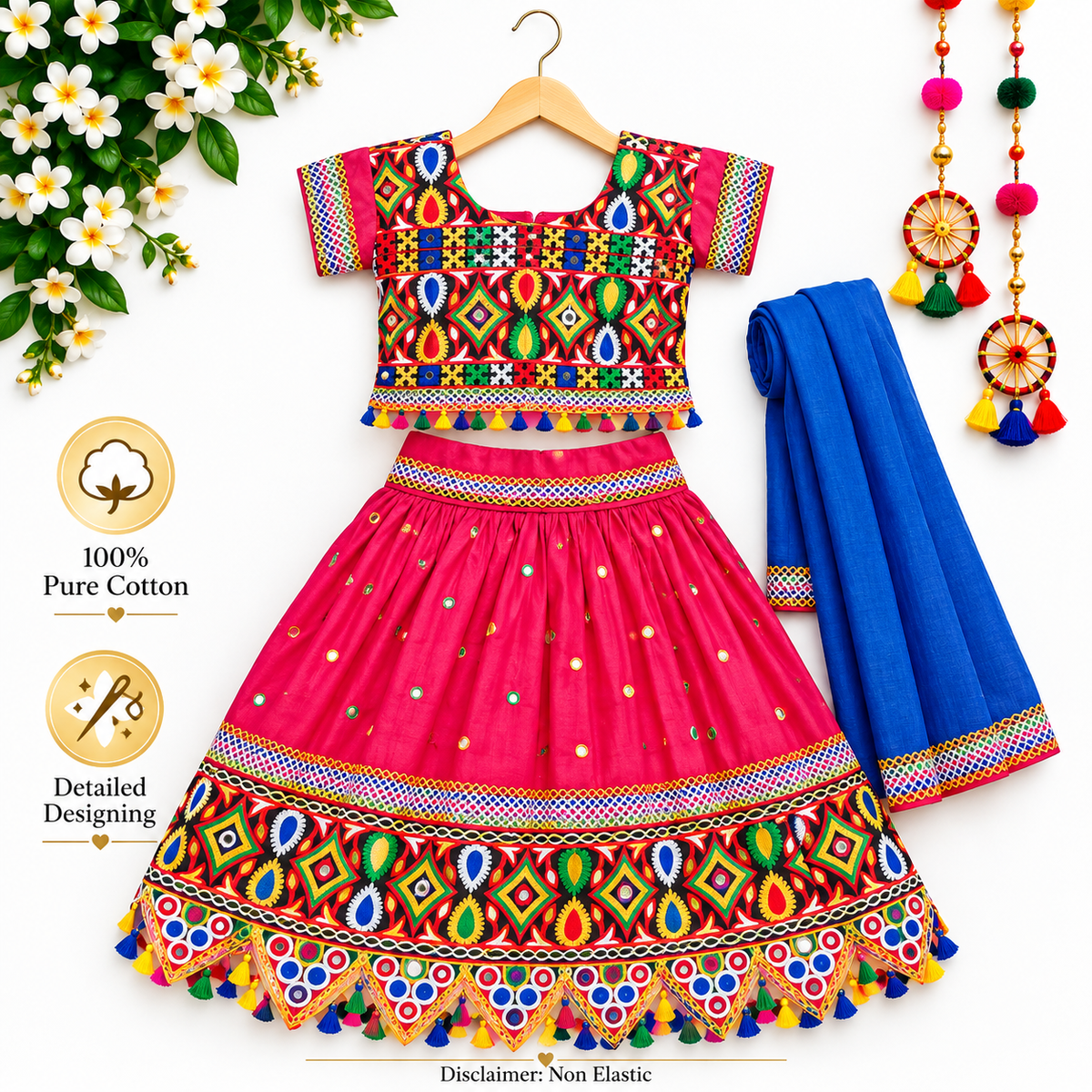Girls Pink Multicolor Pure Cotton Mirror Work Lehenga Choli Set with Blue Dupatta