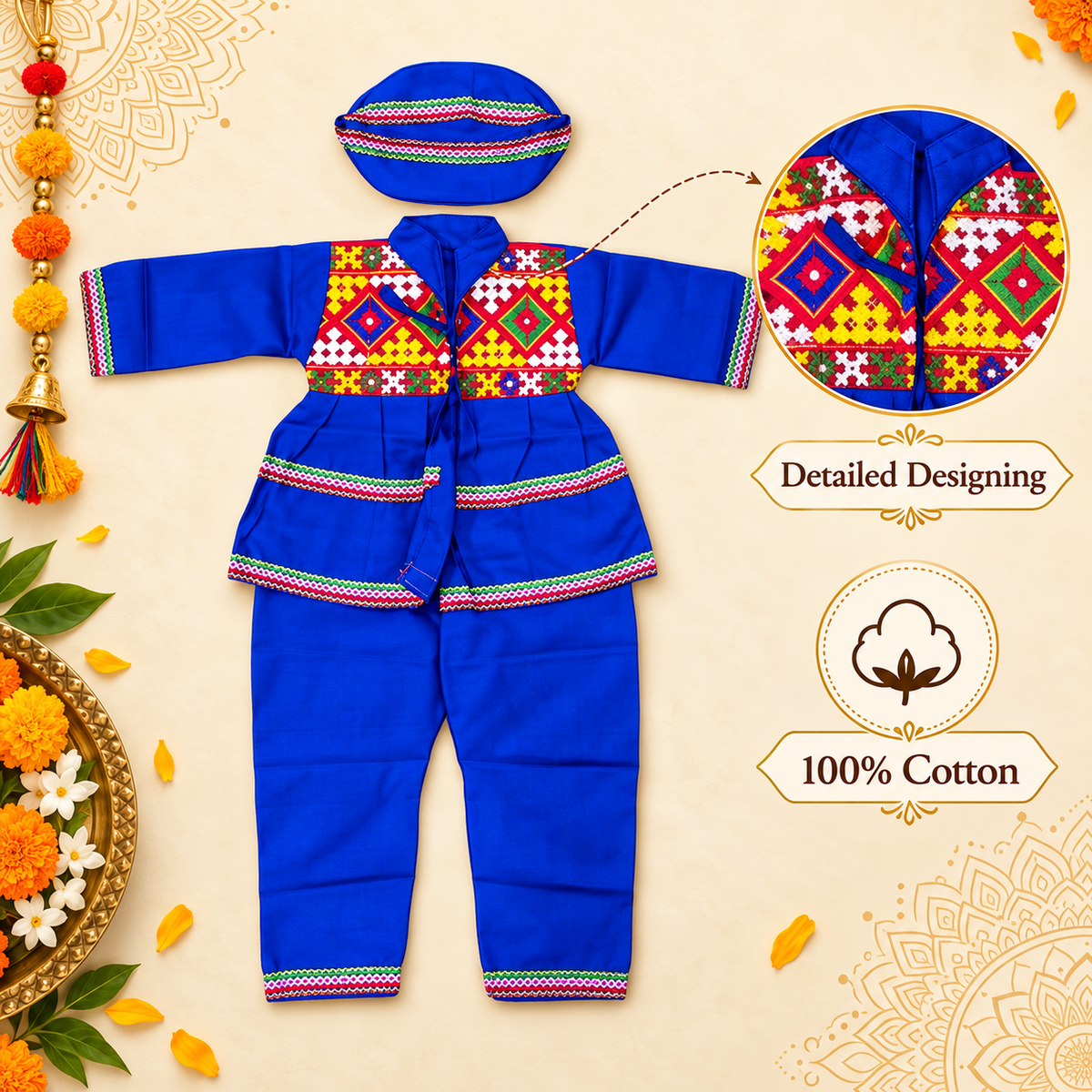 Boys Traditional Royal Blue Kutchi Embroidered Kurta Pant Set with Cap – 100% Cotton