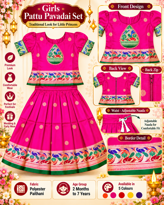 Girls Rani Pink Designer Pattu Pavadai Skirt & Top Set | Peacock Border Ethnic Party Wear