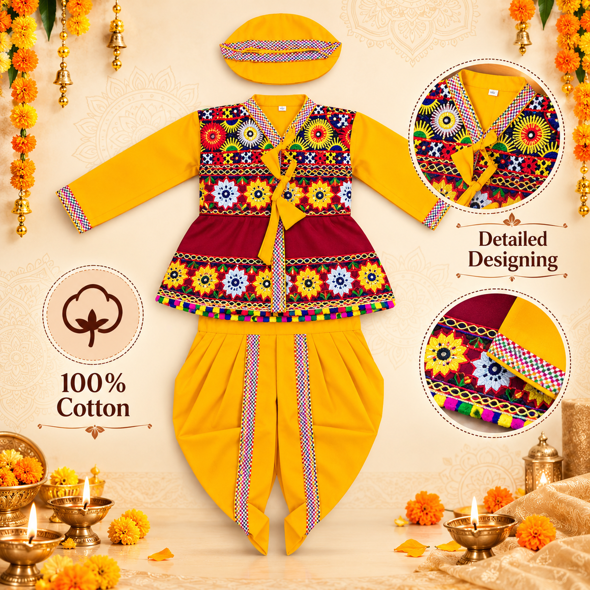 Premium Boys Festive Yellow Embroidered Jacket Dhoti Set with Matching Cap – 100% Cotton