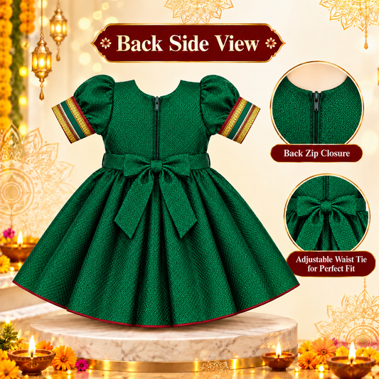 Girls Bottle Green Royal Paithani Frock with Golden Border & Tassels | Baby Girls Festive Wear