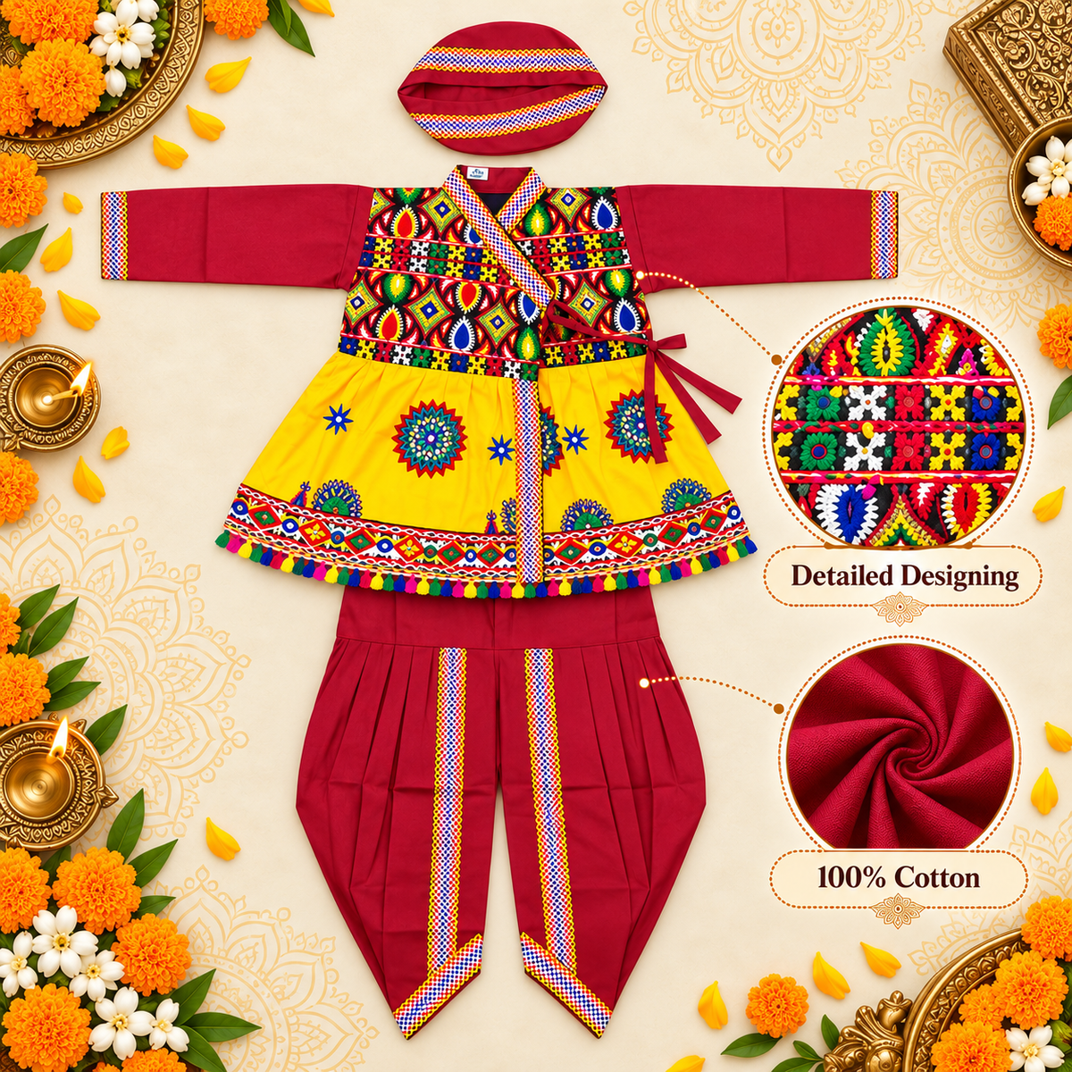 Boys Festive Maroon Embroidered Jacket & Dhoti Set with Matching Cap – 100% Cotton