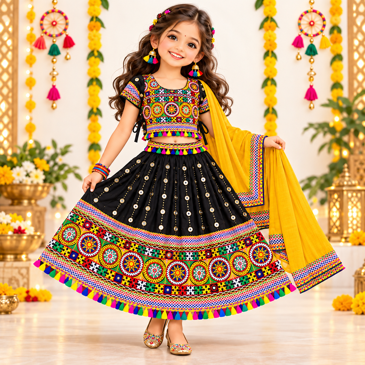 Girls Black Traditional Lehenga Choli Set with Yellow Dupatta – 100% Pure Cotton Festive Wear