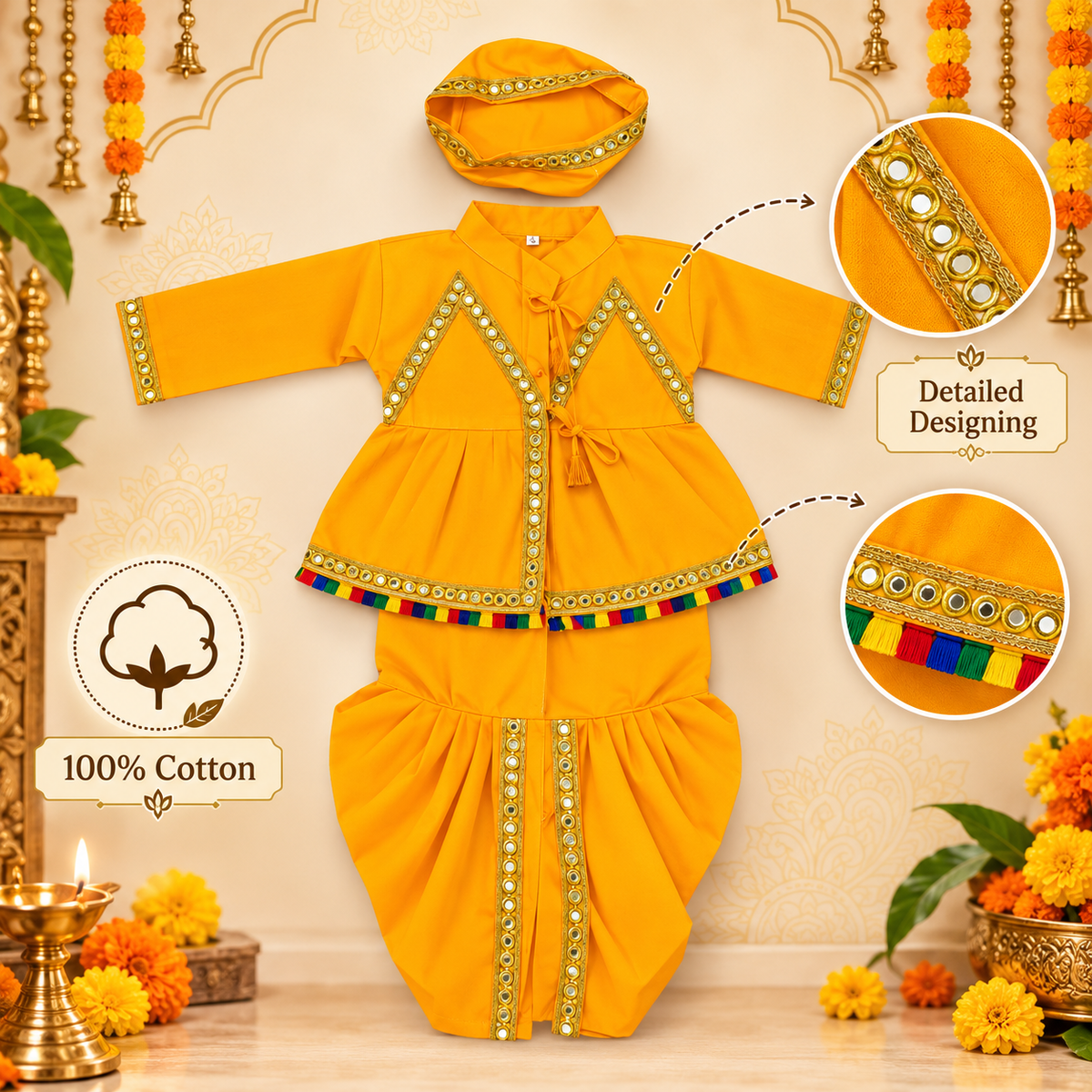 Boys Mustard Yellow Mirror Work Peplum Dhoti Set with Matching Cap – 100% Cotton