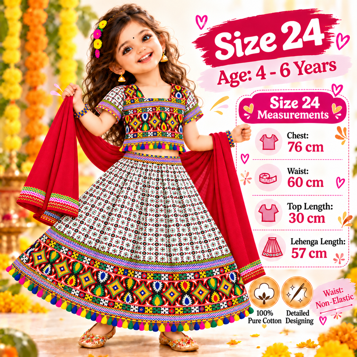 Girls White Multicolor Pure Cotton Garba Lehenga Choli Set with Red Dupatta
