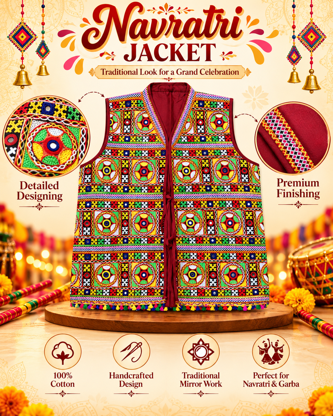 Traditional Navratri Gujarati Kutch Embroidered Jacket | Multicolour Mirror Work | Free Size (16 Years & Above)