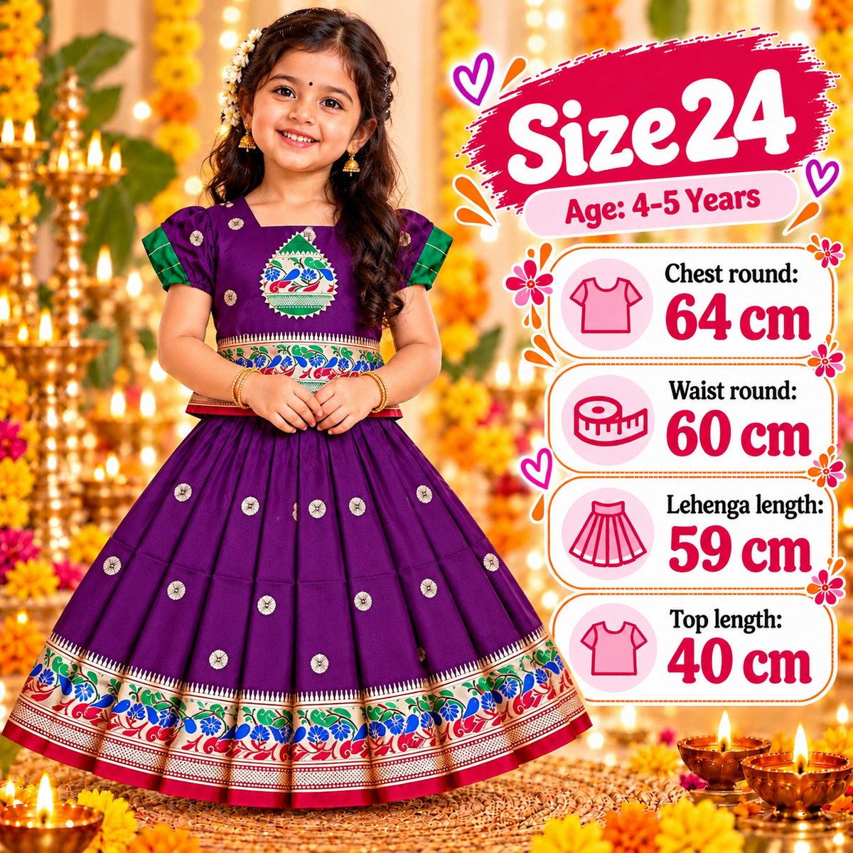Girls Royal Purple Heritage Pattu Pavadai Dress Set | Traditional Peacock Design Festive Lehenga