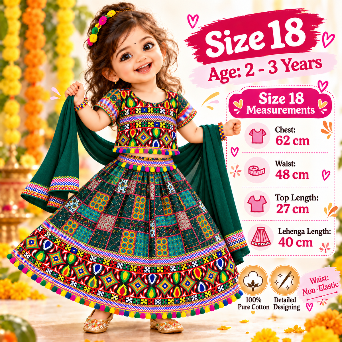 Girls Dark Green Multicolor Pure Cotton Patchwork Lehenga Choli Set with Green Dupatta
