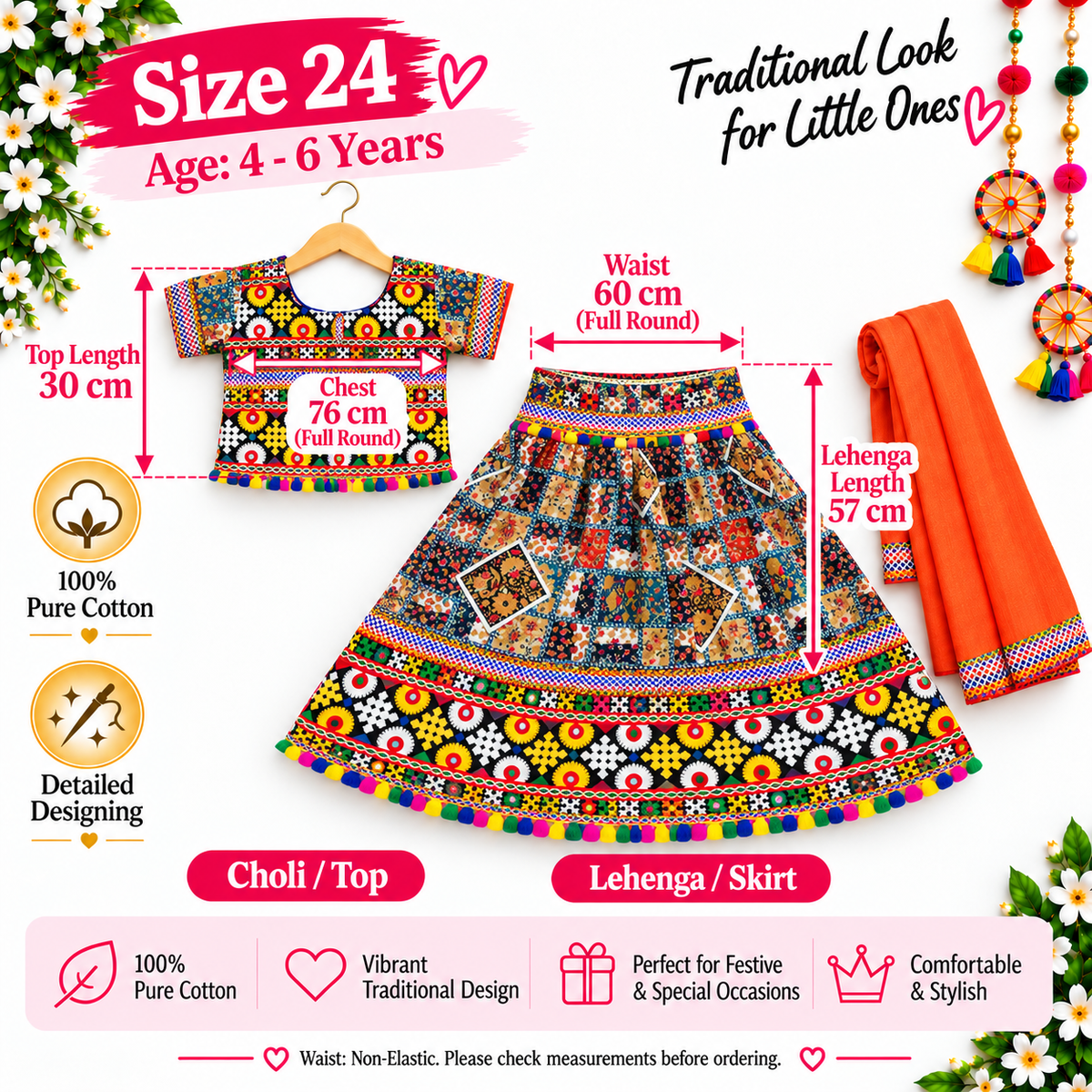 Girls Multicolor Patchwork Pure Cotton Lehenga Choli Set with Orange Dupatta