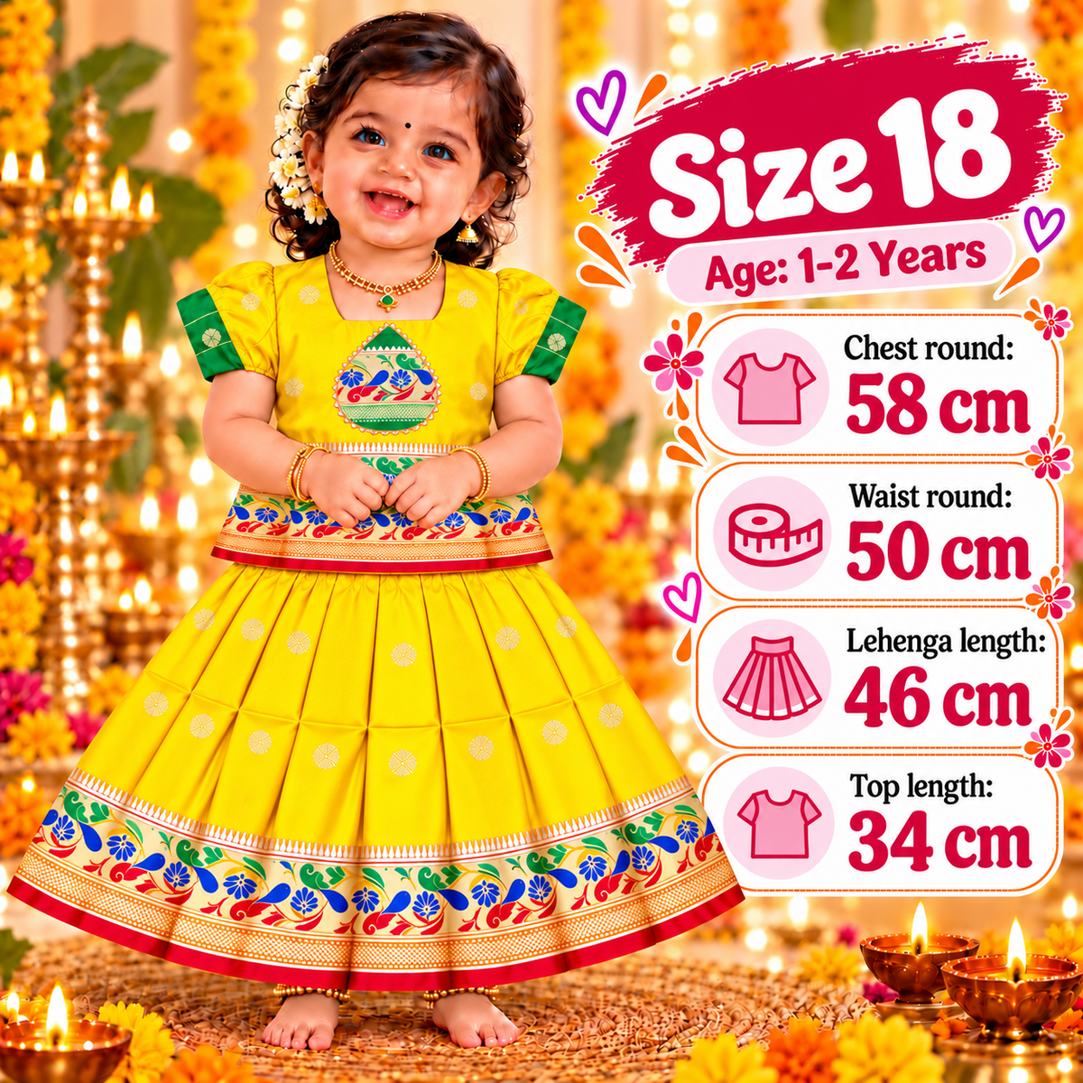 Girls Sunshine Yellow Pattu Pavadai Ethnic Skirt Set | Colourful Peacock Border Festive Dress