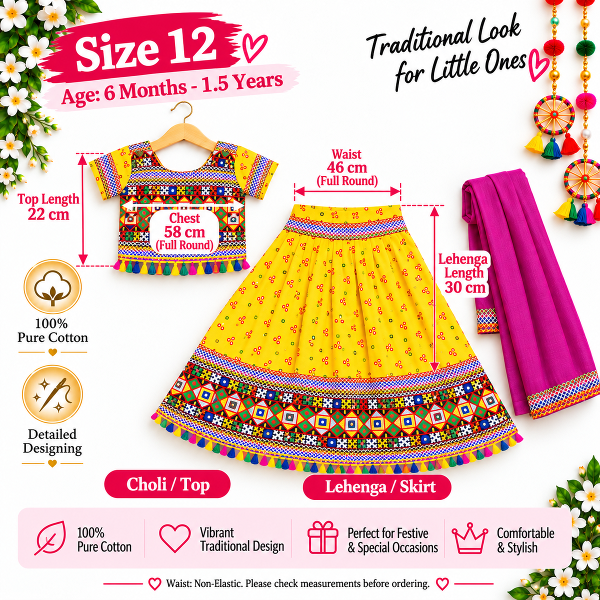 Girls Yellow Pure Cotton Ghagra Choli Set with Rani Pink Dupatta – Traditional Navratri Lehenga