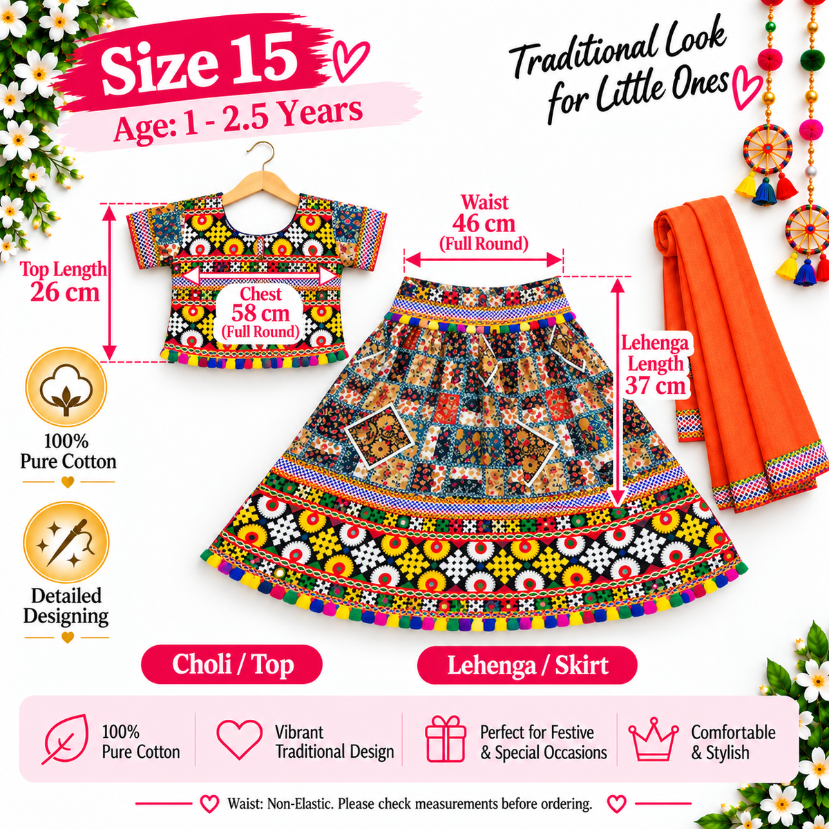 Girls Multicolor Patchwork Pure Cotton Lehenga Choli Set with Orange Dupatta