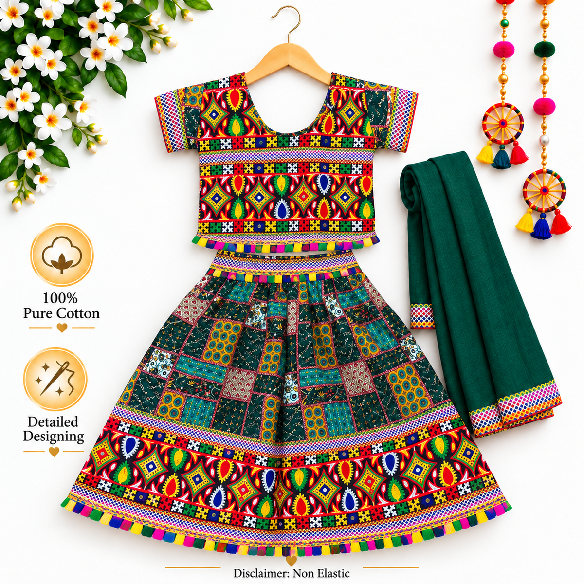 Girls Dark Green Multicolor Pure Cotton Patchwork Lehenga Choli Set with Green Dupatta