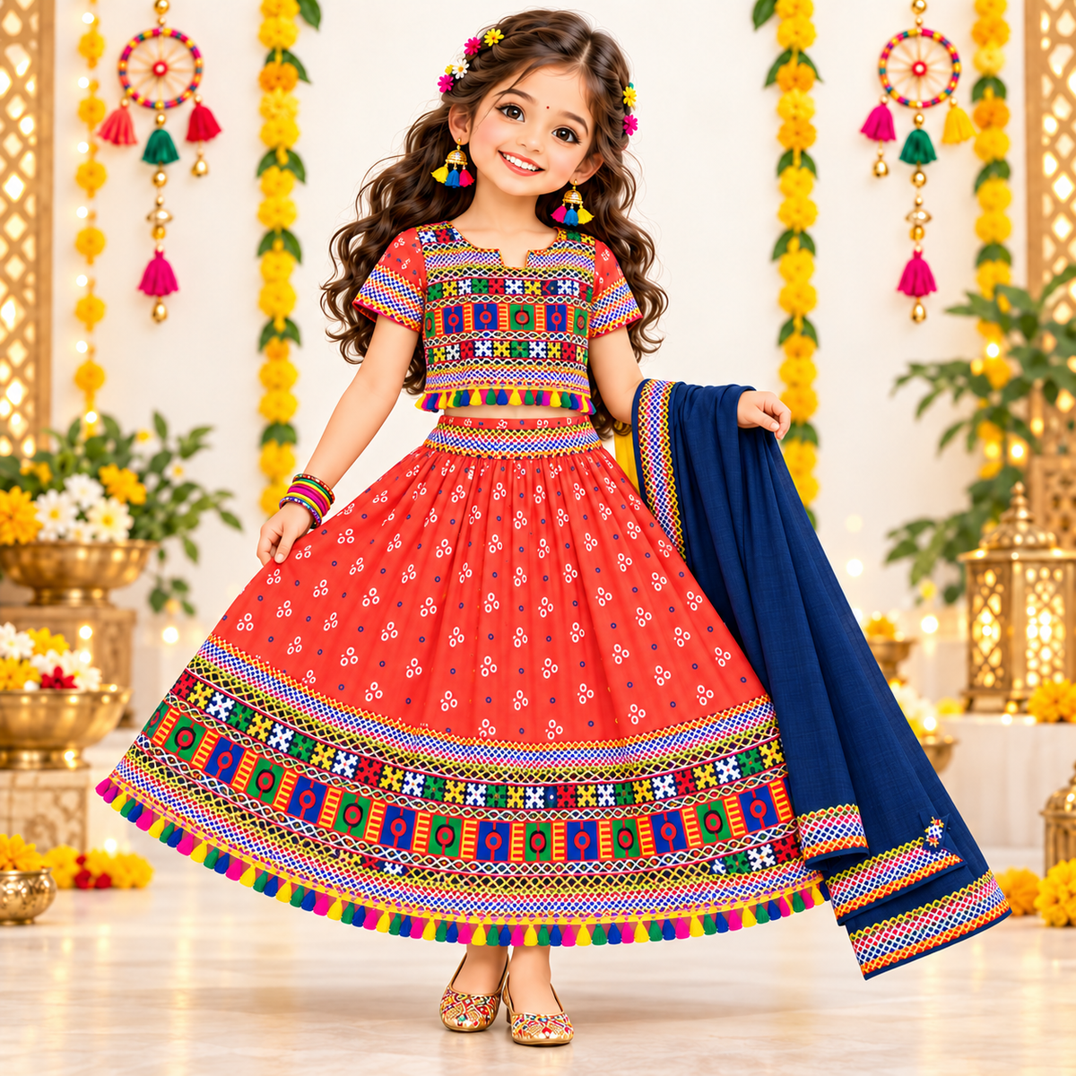 Girls Coral Orange Traditional Lehenga Choli Set with Navy Blue Dupatta – 100% Pure Cotton Festive Wear