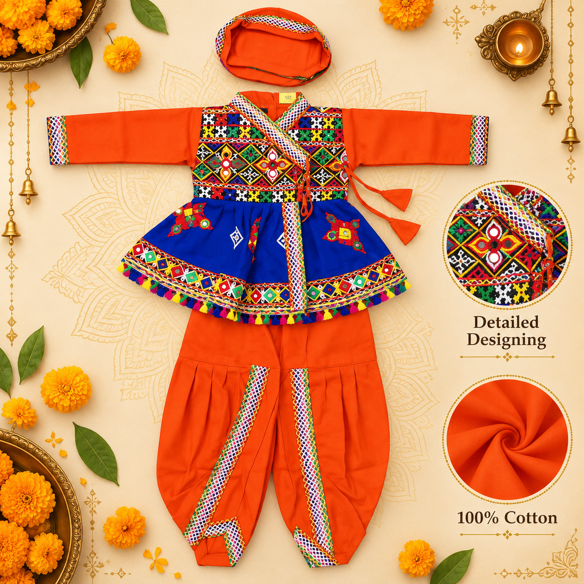 Boys Festive Orange Embroidered Jacket & Dhoti Set with Matching Cap – 100% Cotton