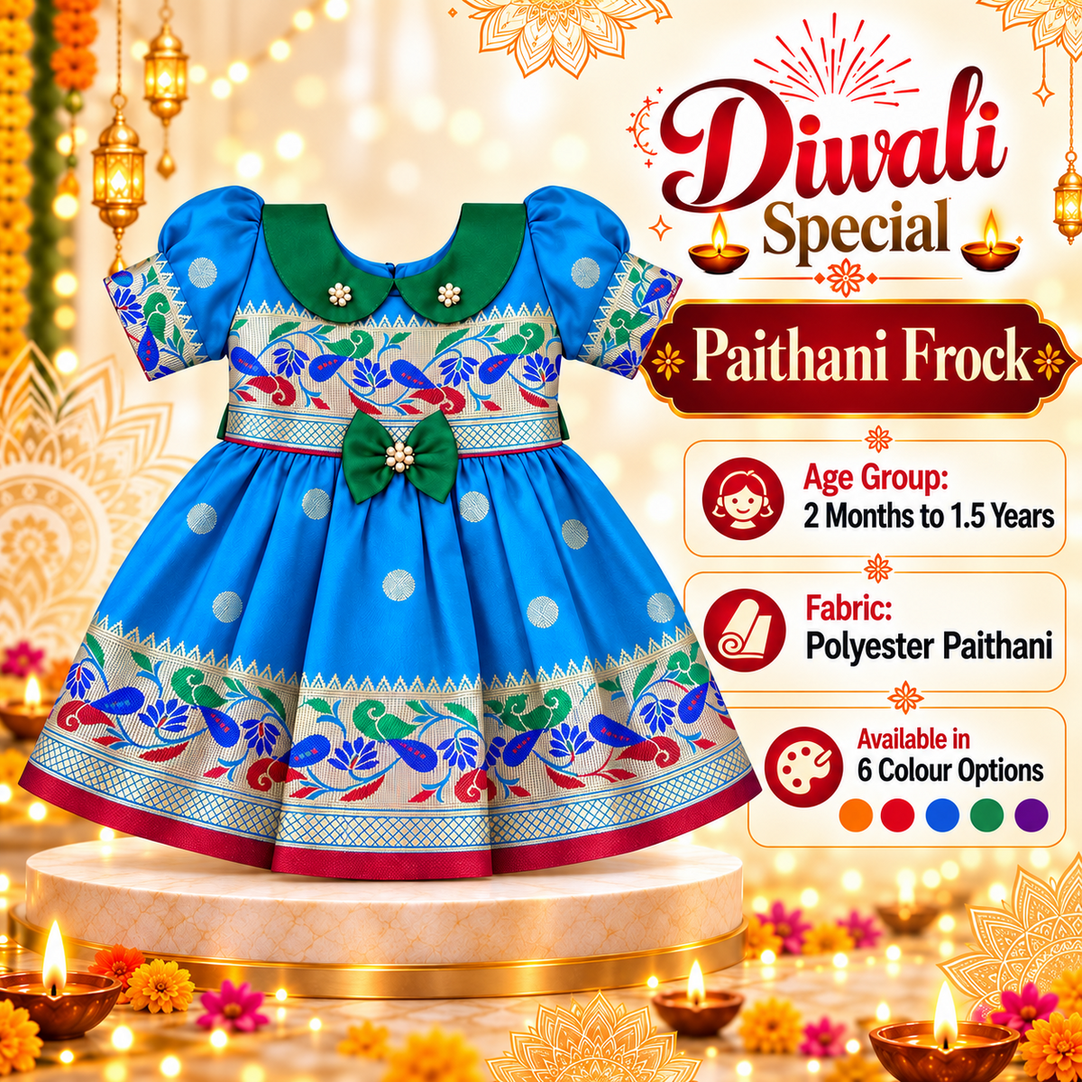 Girls Blue Designer Paithani Frock with Peacock Pattern | Baby Girls Traditional Festive Wear