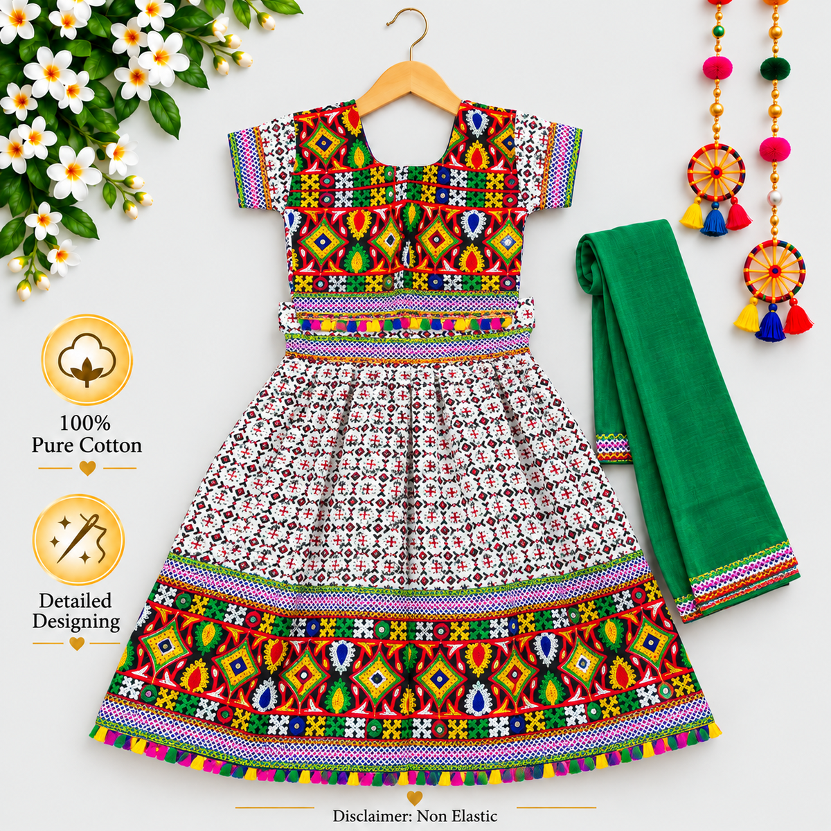 Girls White Multicolor Pure Cotton Garba Lehenga Choli Set with Green Dupatta