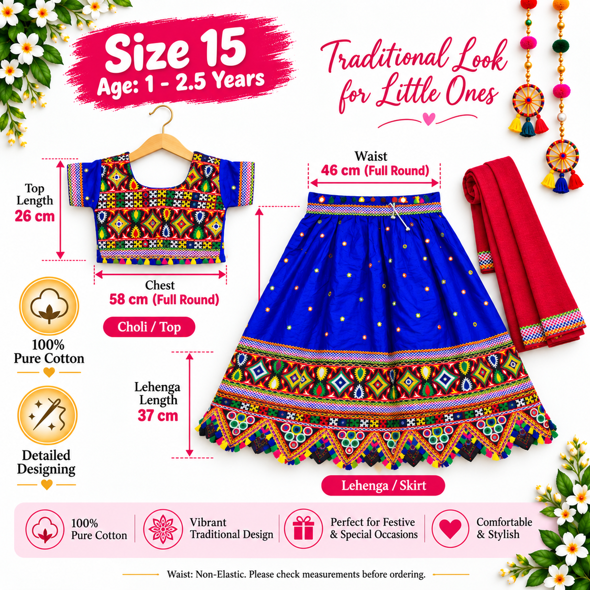 Girls Royal Blue Multicolor Pure Cotton Garba Lehenga Choli Set with Red Dupatta