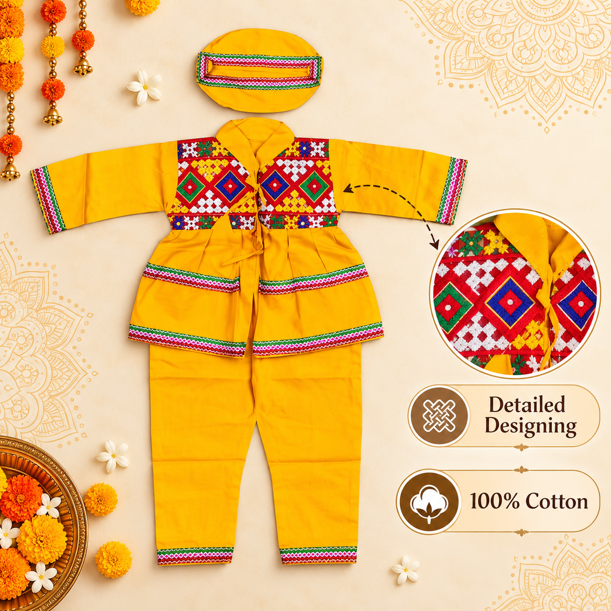 Boys Traditional Yellow Kutchi Embroidered Kurta Pant Set with Cap – 100% Cotton