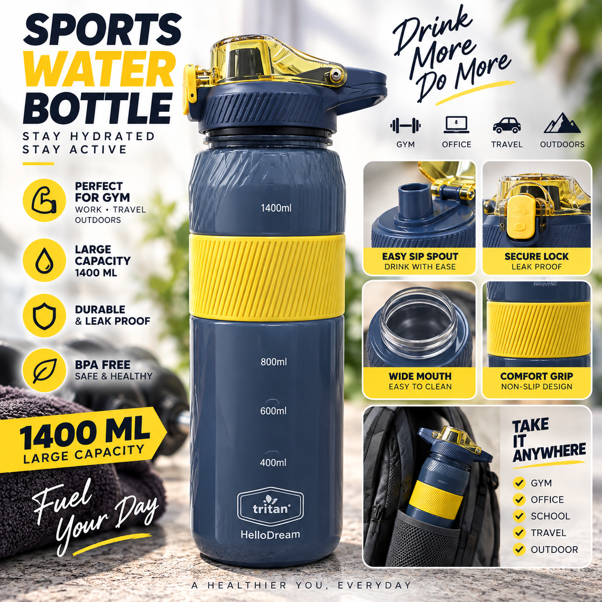 1400ML Sports Water Bottle | Large Capacity Leak-Proof Gym & Travel Bottle
