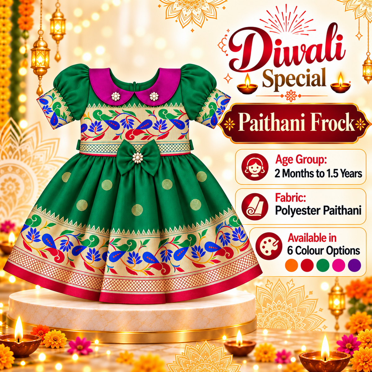 Girls Emerald Green Floral Peacock Border Frock with Pink Collar | Baby Girls Ethnic Festive Dress