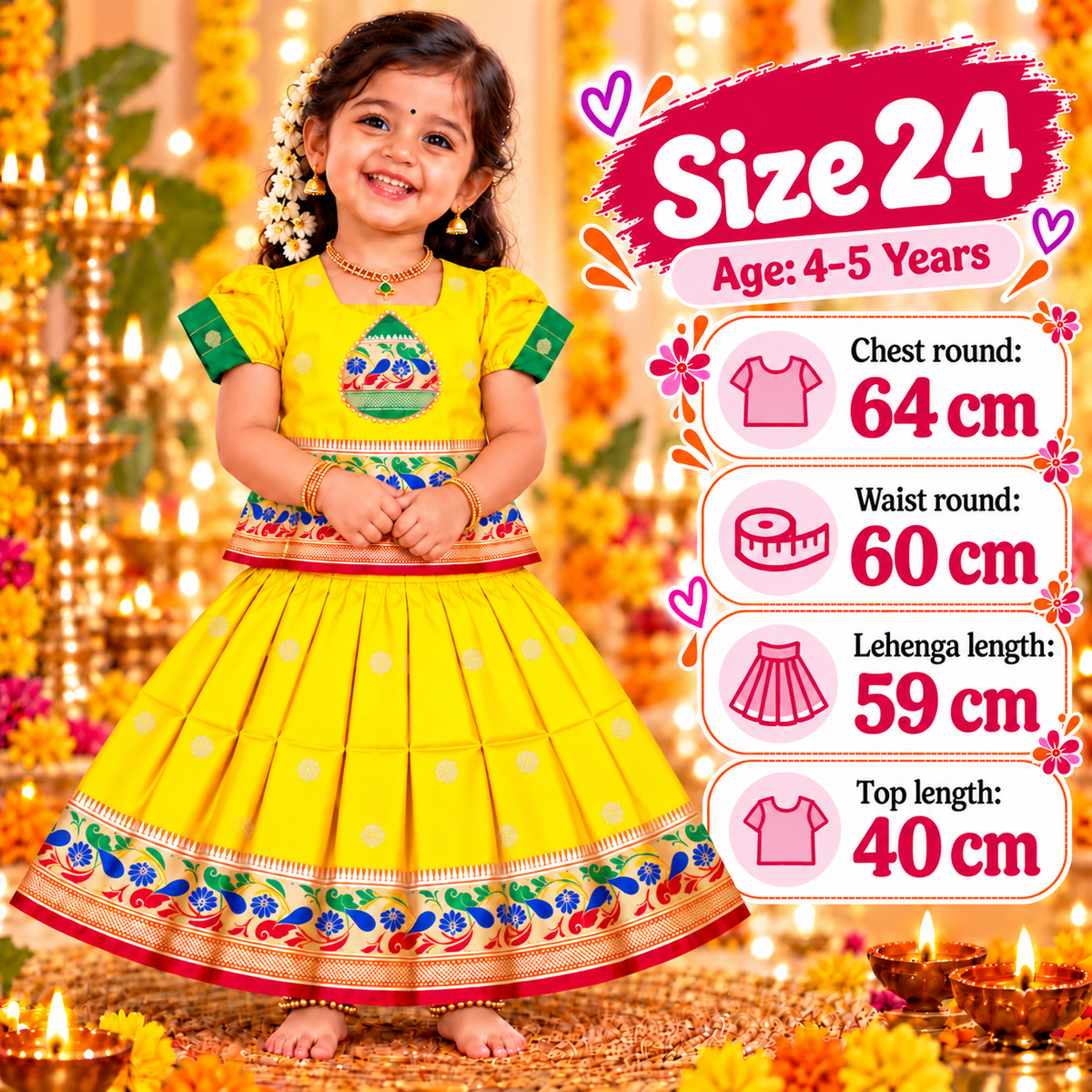 Girls Sunshine Yellow Pattu Pavadai Ethnic Skirt Set | Colourful Peacock Border Festive Dress