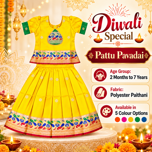 Girls Sunshine Yellow Pattu Pavadai Ethnic Skirt Set | Colourful Peacock Border Festive Dress