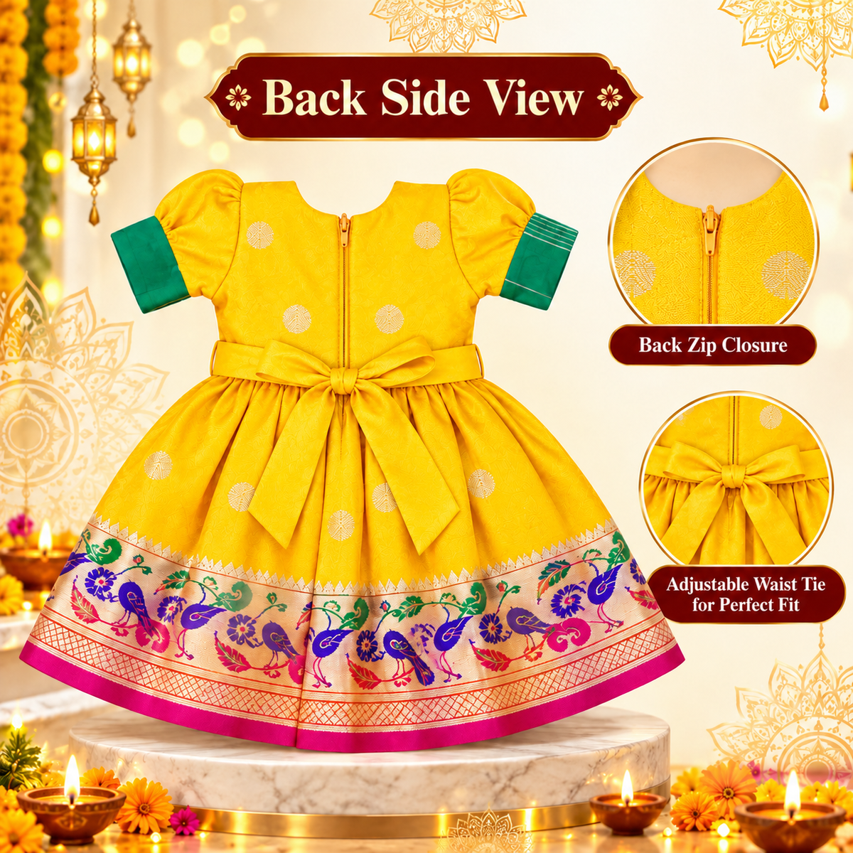Girls Yellow Paithani Frock Dress | Traditional Indian Ethnic Wear | Diwali & Festive Special