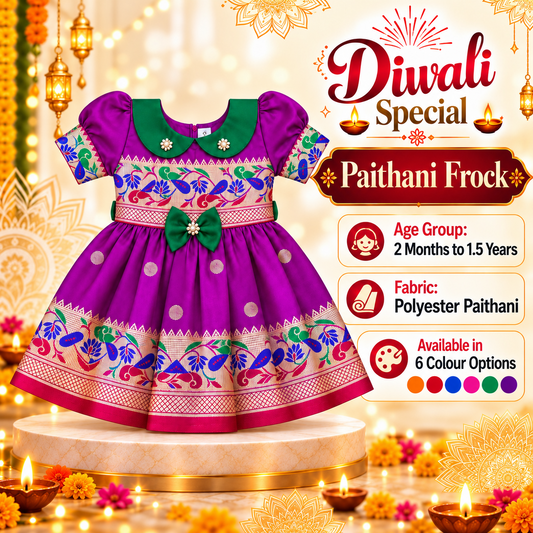 Girls Royal Purple Peacock Border Frock with Green Collar | Traditional Indian Party & Festive Wear
