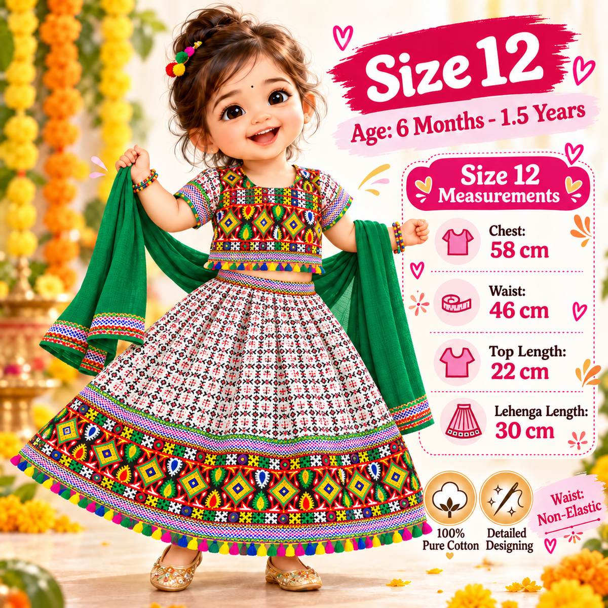 Girls White Multicolor Pure Cotton Garba Lehenga Choli Set with Green Dupatta