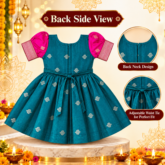 Girls Peacock Green & Pink Luxury Paithani Frock with Floral Design | Baby Girls Wedding & Party Wear