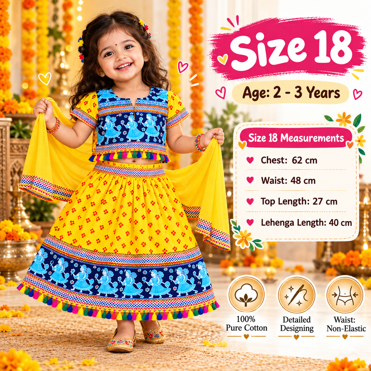 Girls Yellow & Blue Pure Cotton Garba Lehenga Choli Set with Red Dupatta