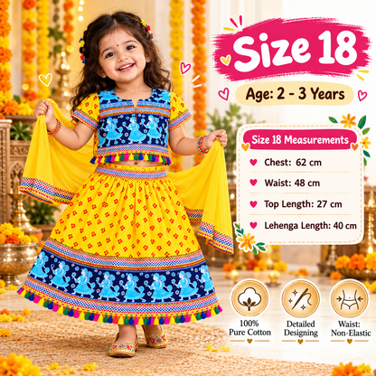 Girls Yellow & Blue Pure Cotton Garba Lehenga Choli Set with Red Dupatta