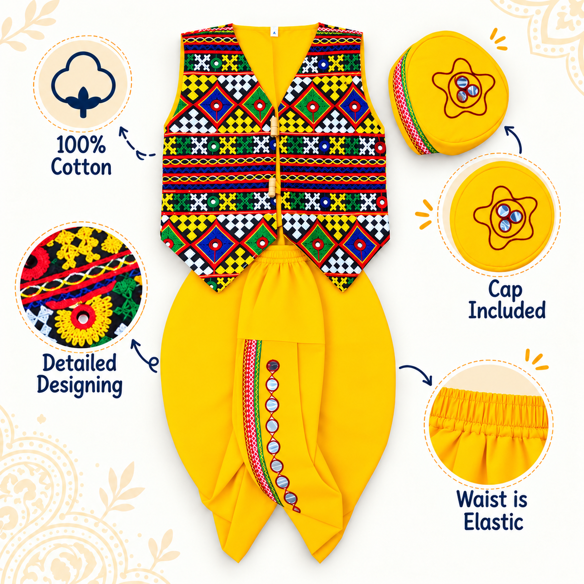Boys Yellow Traditional Kutchi Embroidered Jacket Dhoti Set with Cap – 100% Cotton
