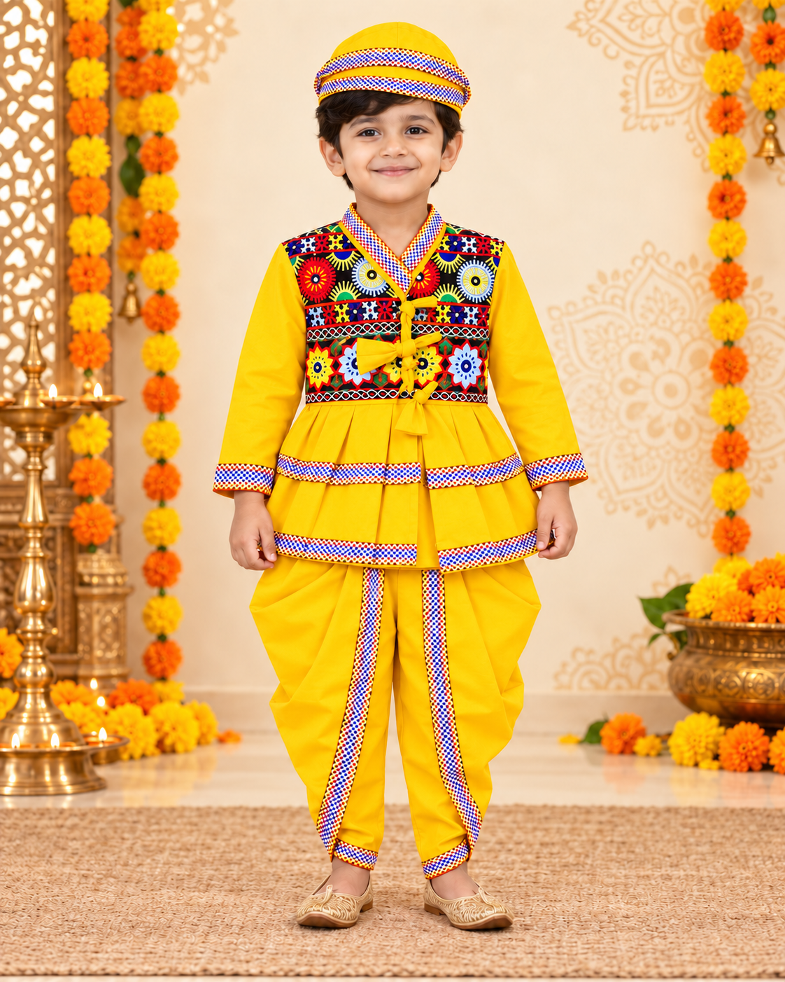 Boys Yellow Layered Peplum Embroidered Dhoti Set with Matching Cap – 100% Cotton
