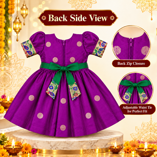Girls Royal Purple Peacock Border Frock with Green Collar | Traditional Indian Party & Festive Wear