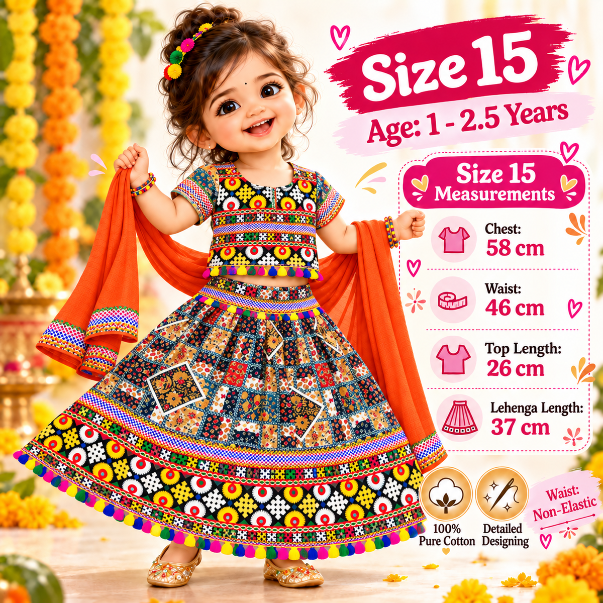 Girls Multicolor Patchwork Pure Cotton Lehenga Choli Set with Orange Dupatta