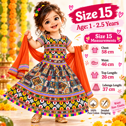 Girls Multicolor Patchwork Pure Cotton Lehenga Choli Set with Orange Dupatta