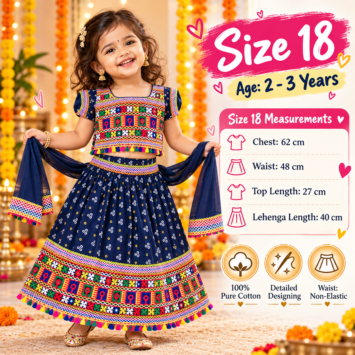 Girls Navy Blue Pure Cotton Ghagra Choli Set with Pink Dupatta – Traditional Navratri Lehenga