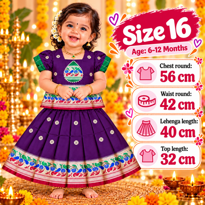 Girls Royal Purple Heritage Pattu Pavadai Dress Set | Traditional Peacock Design Festive Lehenga