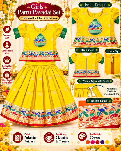 Girls Sunshine Yellow Pattu Pavadai Ethnic Skirt Set | Colourful Peacock Border Festive Dress
