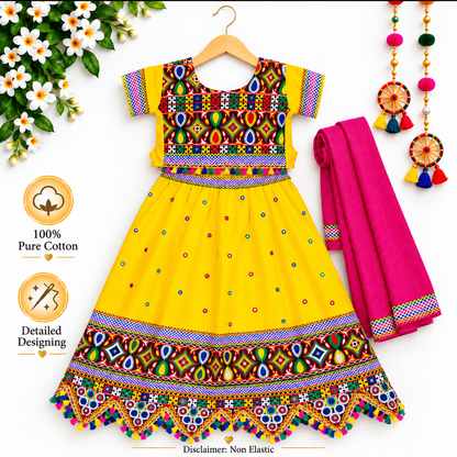 Girls Yellow Multicolor Pure Cotton Garba Lehenga Choli Set with Pink Dupatta