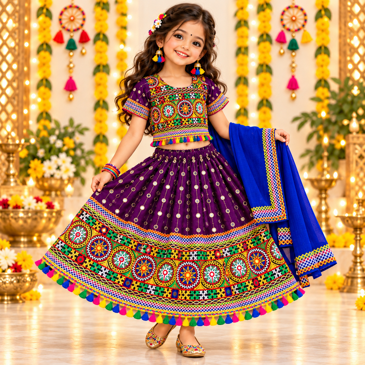 Girls Purple Traditional Lehenga Choli Set with Royal Blue Dupatta – 100% Pure Cotton Festive Wear