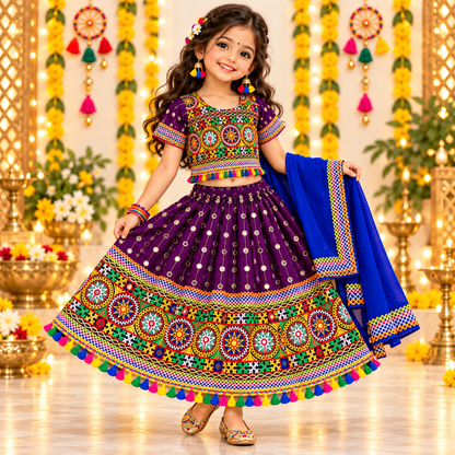 Girls Purple Traditional Lehenga Choli Set with Royal Blue Dupatta – 100% Pure Cotton Festive Wear